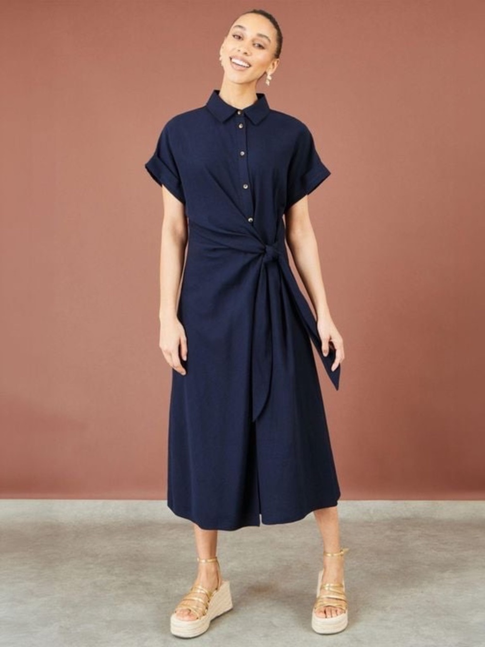 NWT Yumi Navy Wrap Tie Midi Shirt Dress US 6 and 8 from Wolf and Badger